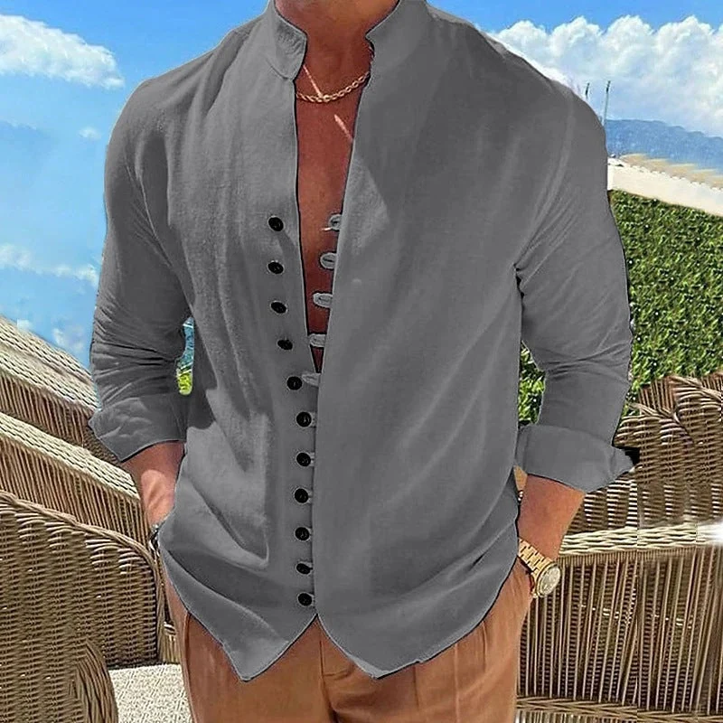 Herren nan Leinenoptik Sommerliches Freizeithemd mit Stehkragen, dekorativer Knopfleiste und krempelbaren Ärmeln Drune