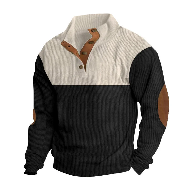 Herren nan gerippter Pullover mit Stehkragen, Knopfleiste und Ellbogen-Patches Drune