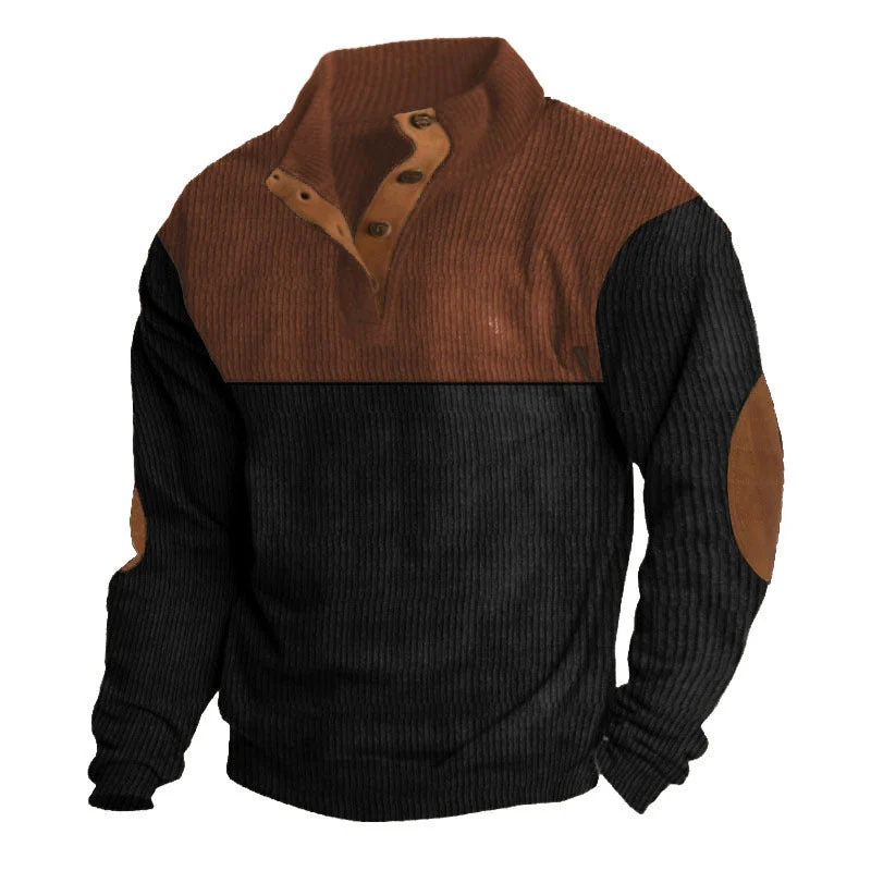 Herren nan gerippter Pullover mit Stehkragen, Knopfleiste und Ellbogen-Patches Drune
