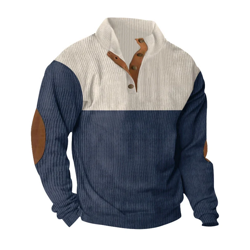 Herren nan gerippter Pullover mit Stehkragen, Knopfleiste und Ellbogen-Patches Drune
