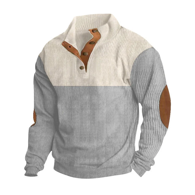 Herren nan gerippter Pullover mit Stehkragen, Knopfleiste und Ellbogen-Patches Drune
