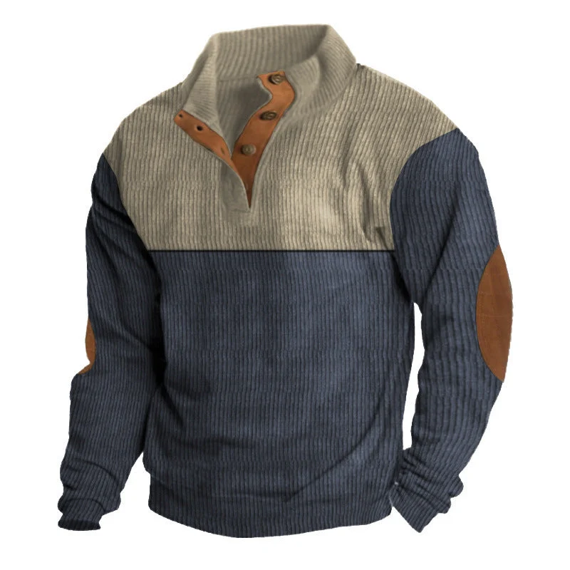 Herren nan gerippter Pullover mit Stehkragen, Knopfleiste und Ellbogen-Patches Drune
