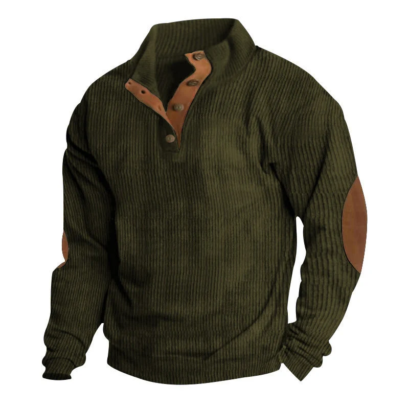 Herren nan grober Rippstrick-Pullover mit Stehkragen, Knopfleiste und markanten Ellenbogenpatches Drune