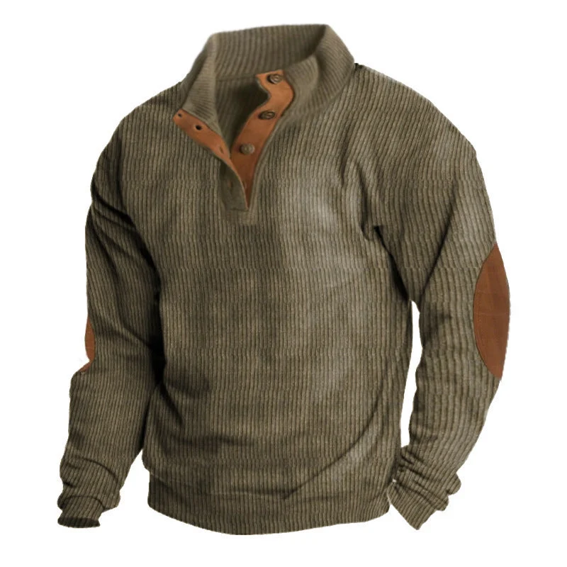 Herren nan grober Rippstrick-Pullover mit Stehkragen, Knopfleiste und markanten Ellenbogenpatches Drune