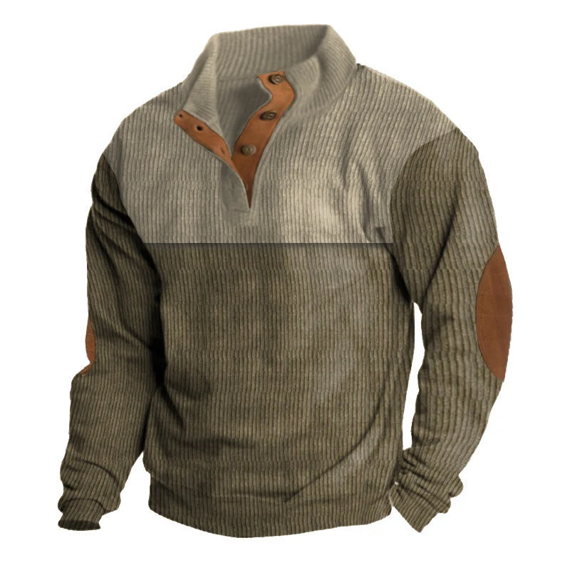 Herren nan grober Rippstrick-Pullover mit Stehkragen, Knopfleiste und markanten Ellenbogenpatches Drune