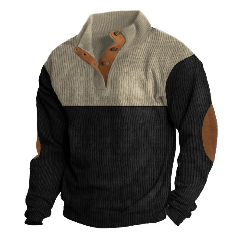 Herren nan grober Rippstrick-Pullover mit Stehkragen, Knopfleiste und markanten Ellenbogenpatches Drune