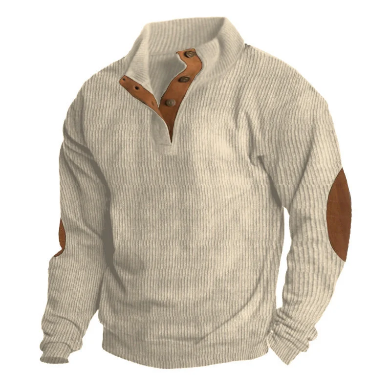 Herren nan grober Rippstrick-Pullover mit Stehkragen, Knopfleiste und markanten Ellenbogenpatches Drune