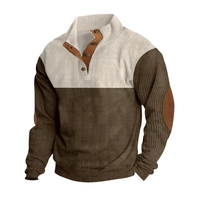 Herren nan grober Rippstrick-Pullover mit Stehkragen, Knopfleiste und markanten Ellenbogenpatches Drune