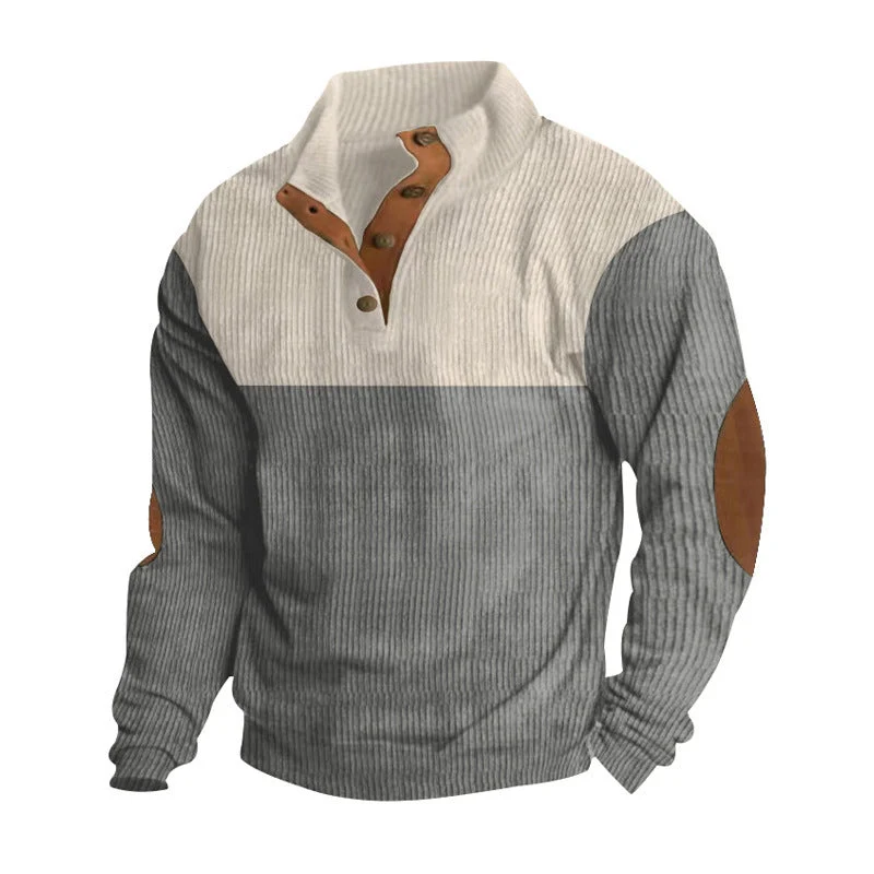 Herren nan grober Rippstrick-Pullover mit Stehkragen, Knopfleiste und markanten Ellenbogenpatches Drune