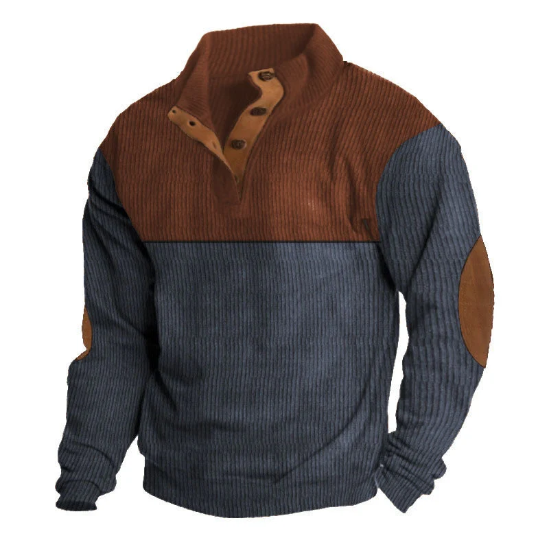 Herren nan grober Rippstrick-Pullover mit Stehkragen, Knopfleiste und markanten Ellenbogenpatches Drune