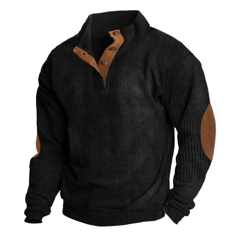 Herren nan grober Rippstrick-Pullover mit Stehkragen, Knopfleiste und markanten Ellenbogenpatches Drune