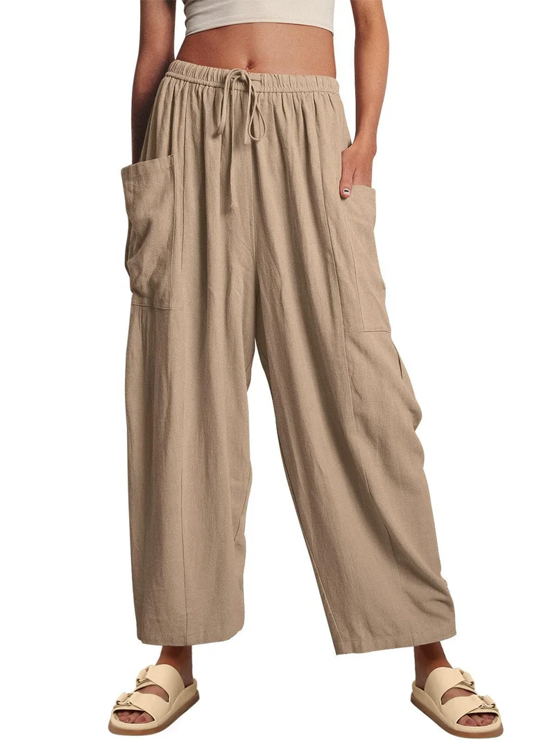 Damen nan weite Palazzohose aus leichtem Leinenmix mit Tunnelzug und seitlicher Tasche Drune