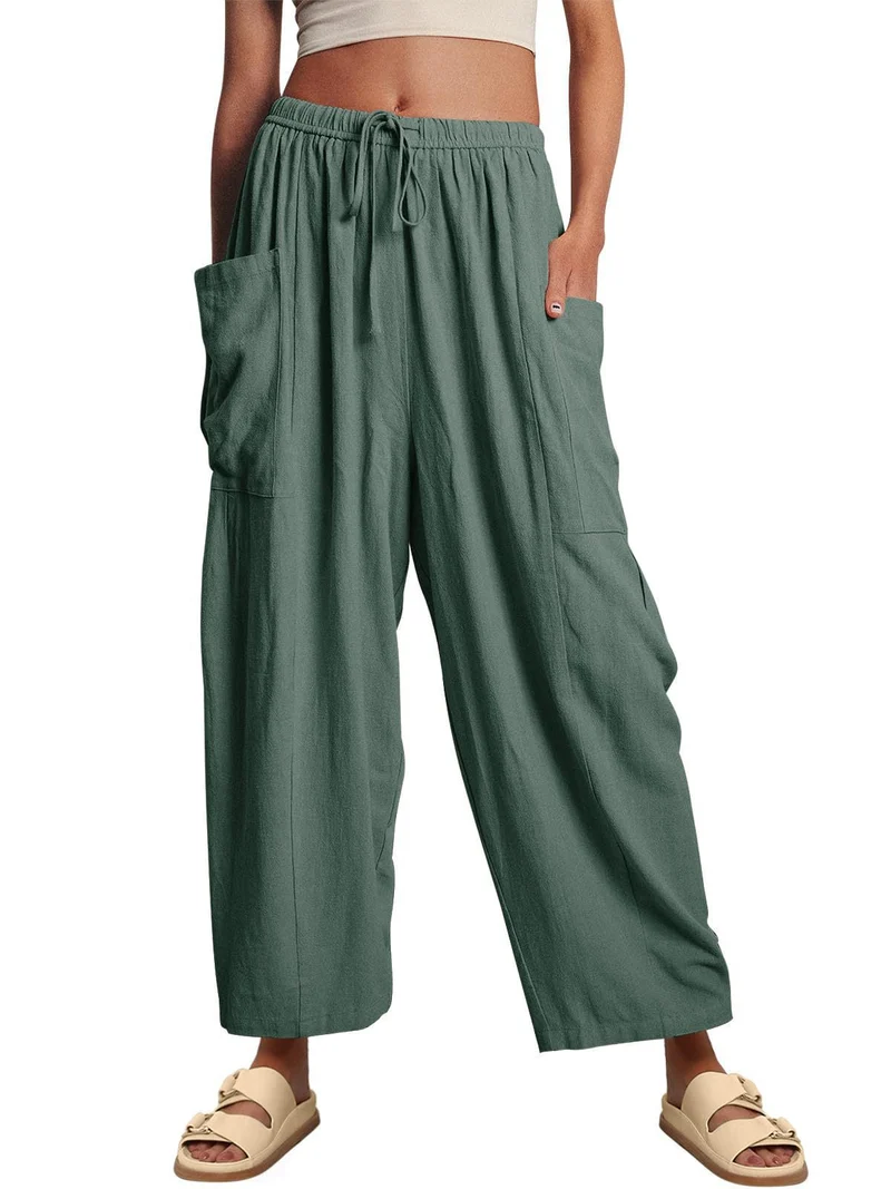 Damen nan weite Palazzohose aus leichtem Leinenmix mit Tunnelzug und seitlicher Tasche Drune