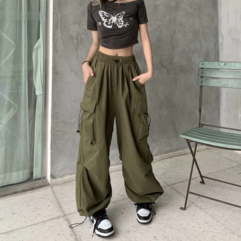 Damen nan weite Cargo-Hose mit Tunnelzugbund, verstellbarem Saum und Mehrfachtaschen Drune