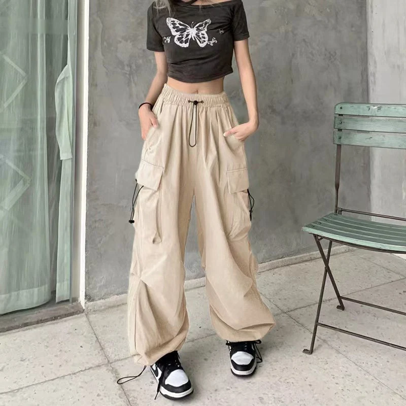 Damen nan weite Cargo-Hose mit Tunnelzugbund, verstellbarem Saum und Mehrfachtaschen Drune