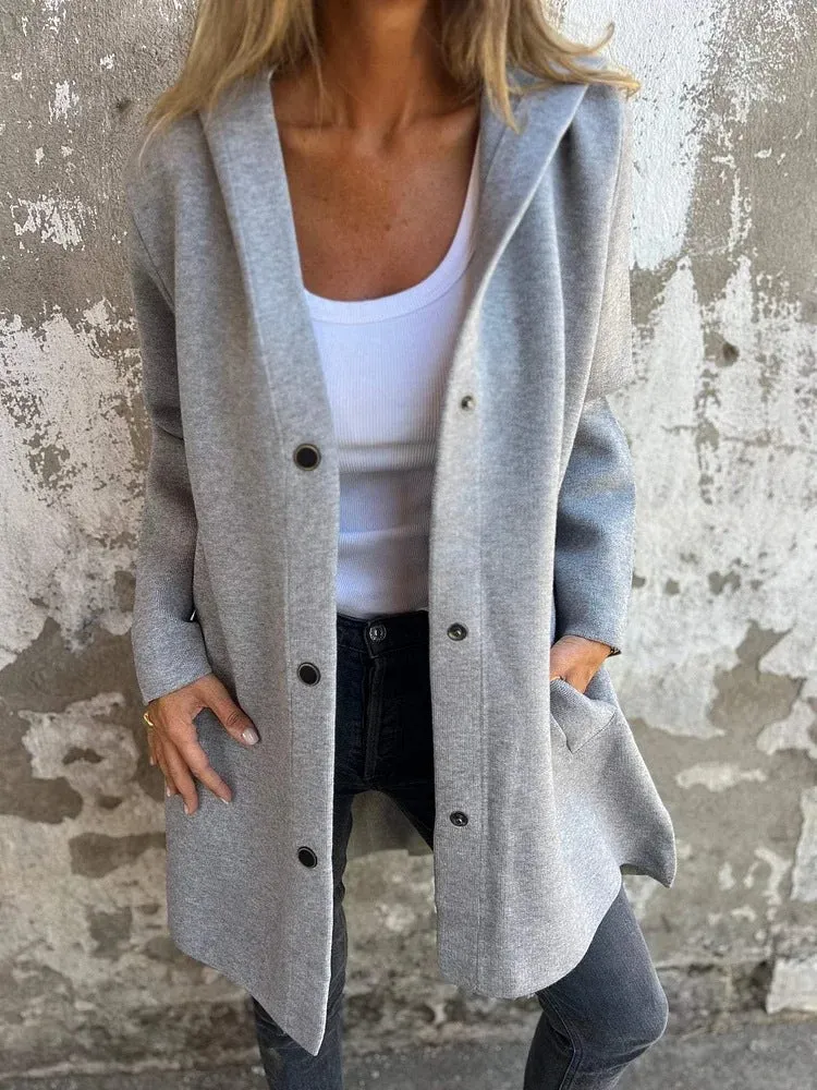 Damen nan Kapuzenmantel mittellanger Baumwollmix mit Druckknopfleiste und Eingrifftaschen Drune