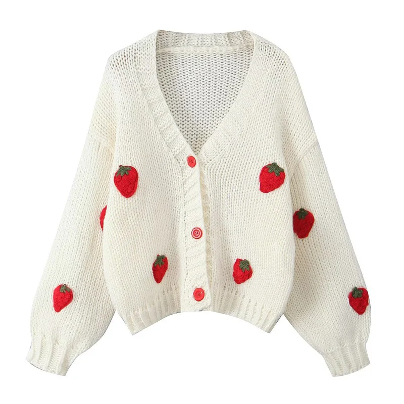 Damen Strickjacke mit Erdbeer-Motiv Drune