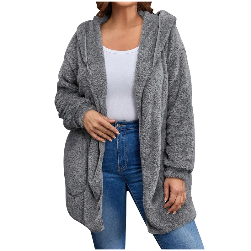 Damen nan kuschelige Teddy-Fleece Kapuzenjacke mit großen Eingrifftaschen und entspannter Silhouette Drune