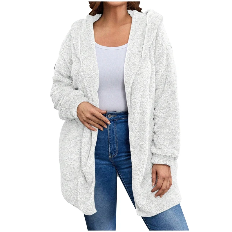 Damen nan kuschelige Teddy-Fleece Kapuzenjacke mit großen Eingrifftaschen und entspannter Silhouette Drune