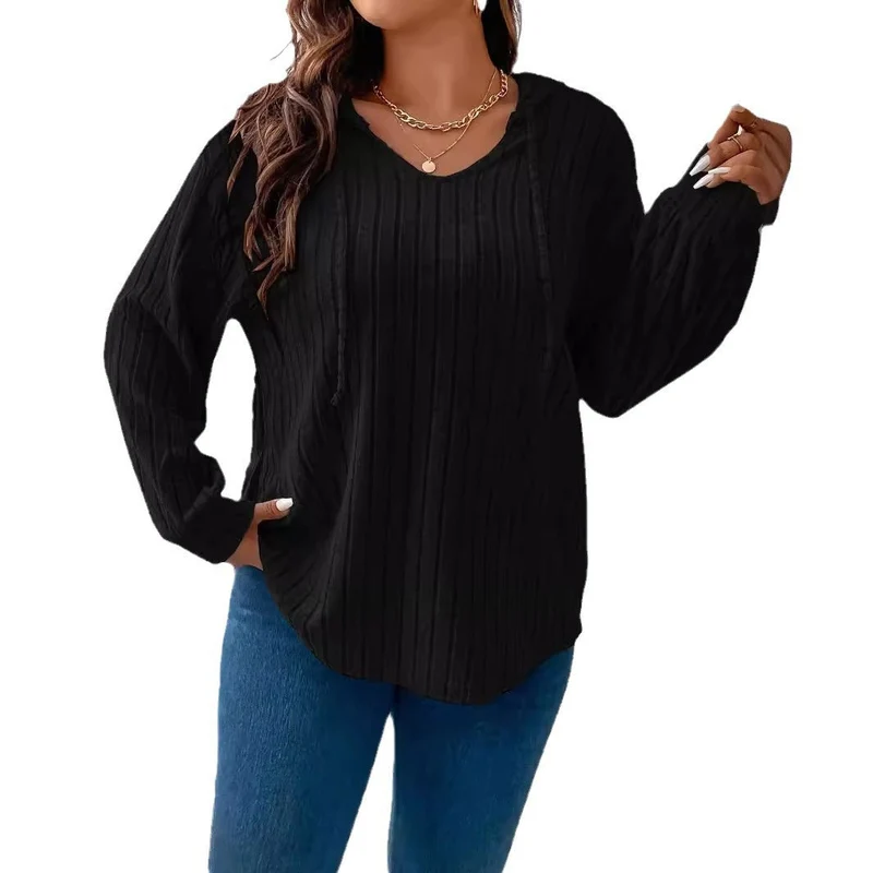 Damen nan gerippter Kapuzenpullover aus Feinstrick mit V-Ausschnitt Drune