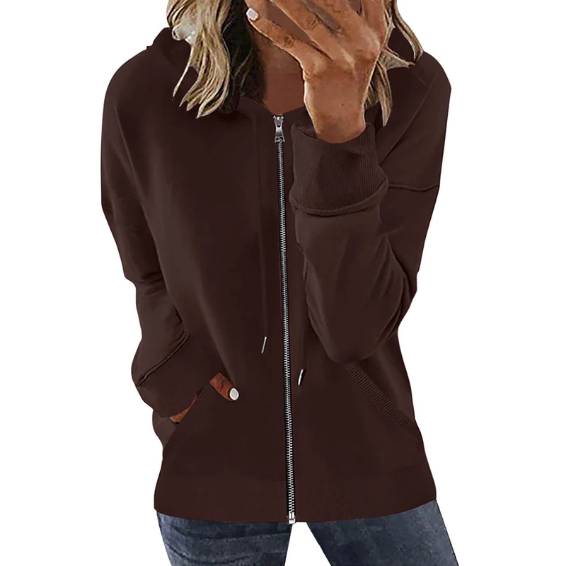 Damen nan Kapuzenjacke mit durchgehendem Reißverschluss, Kängurutaschen und elastischen Bündchen Drune