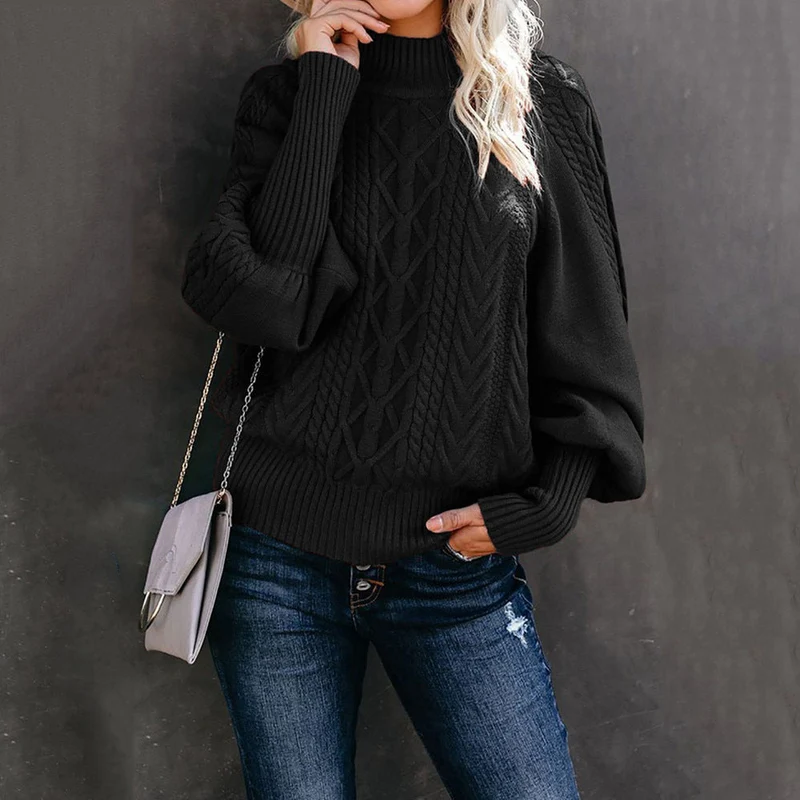 Damen nan Zopfmuster-Strickpullover mit Rollkragen und Ballonärmeln Drune