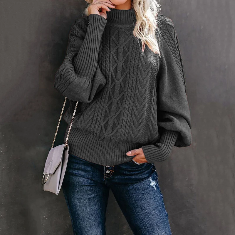 Damen nan Zopfmuster-Strickpullover mit Rollkragen und Ballonärmeln Drune