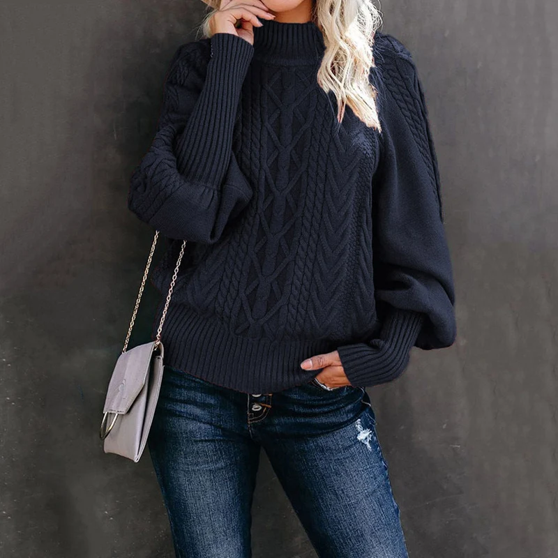 Damen nan Zopfmuster-Strickpullover mit Rollkragen und Ballonärmeln Drune