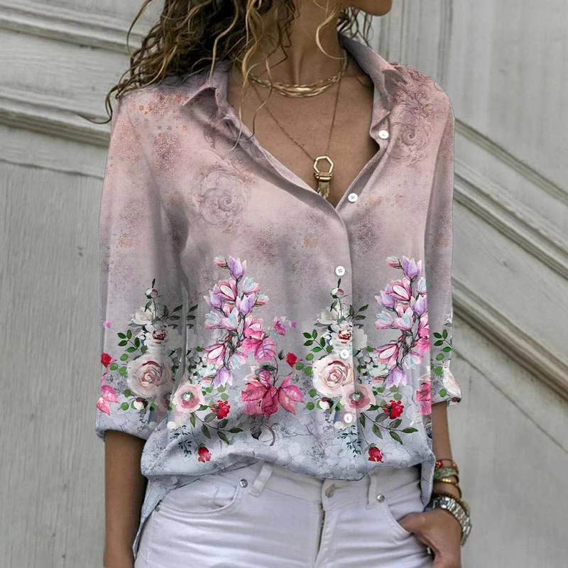Damen nan florale V-Ausschnitt Knopfbluse mit lockerer Passform und Umschlagärmeln Drune