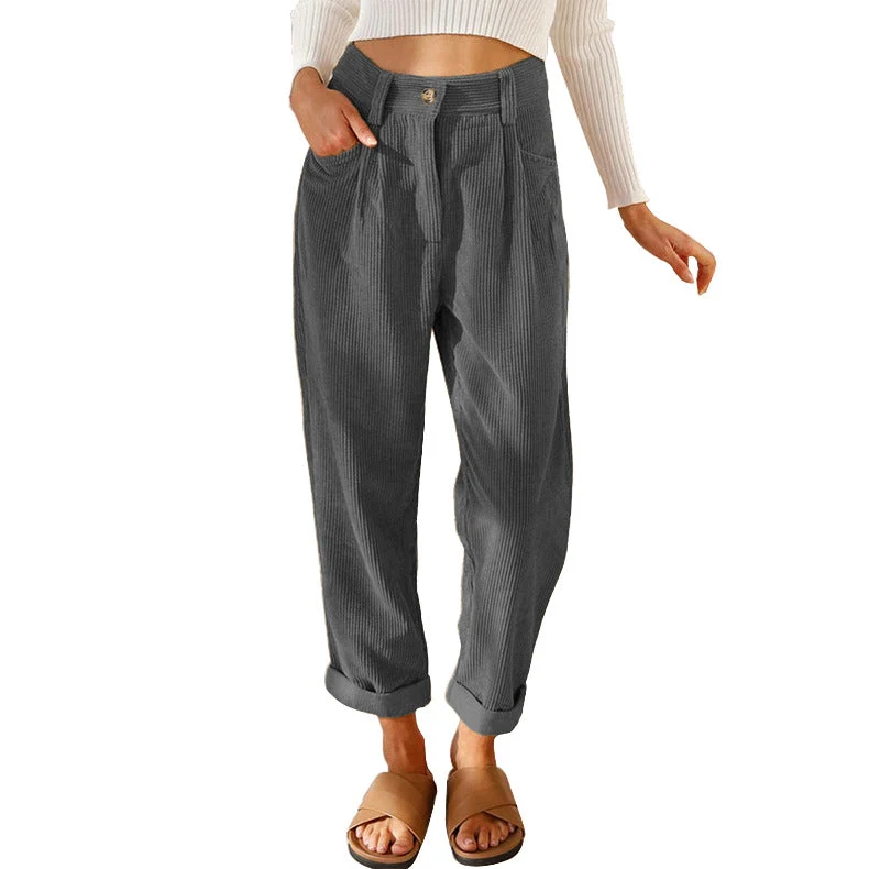 Damen nan weiche weite Cordhose mit hoher Taille, Bundfalten und umgeschlagenem Saum Drune