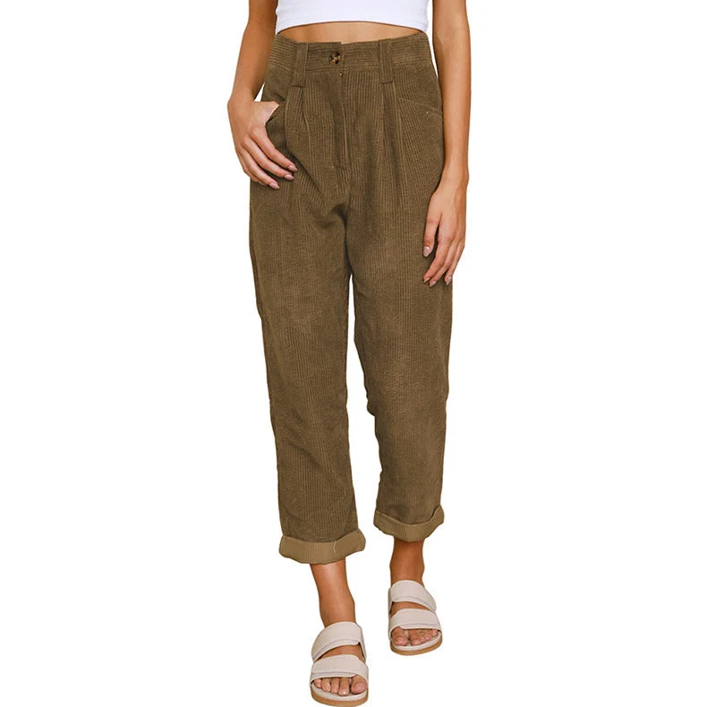 Damen nan weiche weite Cordhose mit hoher Taille, Bundfalten und umgeschlagenem Saum Drune