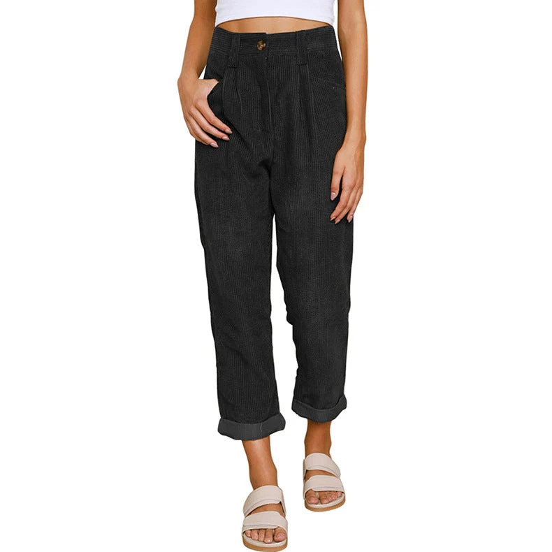 Damen nan weiche weite Cordhose mit hoher Taille, Bundfalten und umgeschlagenem Saum Drune