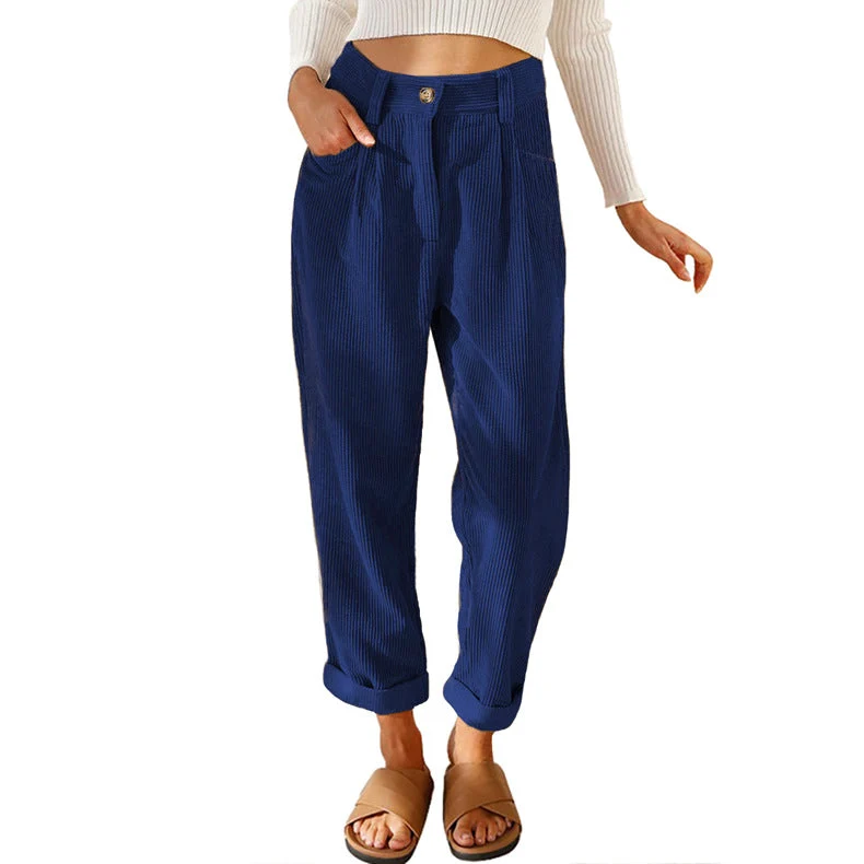 Damen nan weiche weite Cordhose mit hoher Taille, Bundfalten und umgeschlagenem Saum Drune