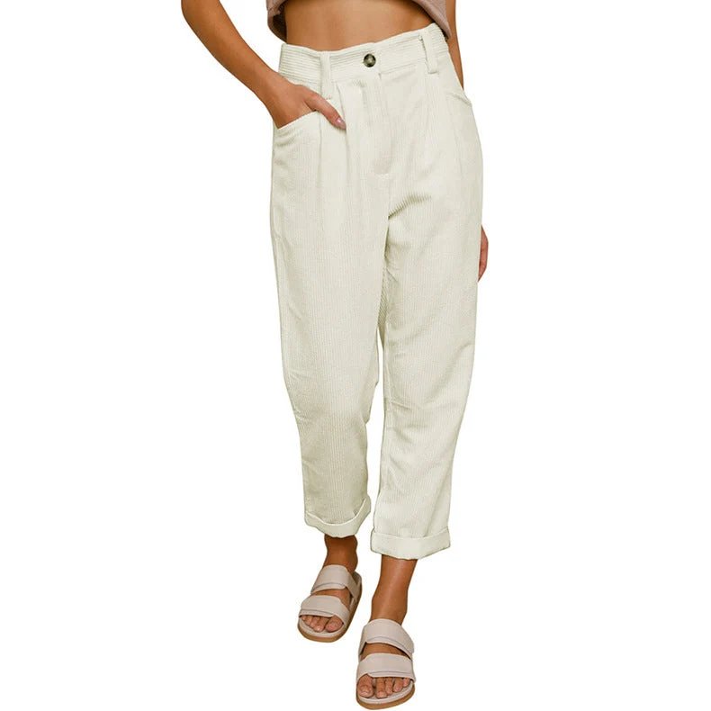 Damen nan weiche weite Cordhose mit hoher Taille, Bundfalten und umgeschlagenem Saum Drune