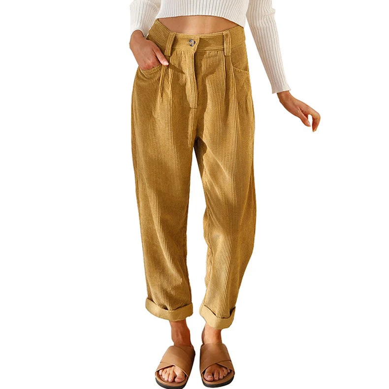 Damen nan weiche weite Cordhose mit hoher Taille, Bundfalten und umgeschlagenem Saum Drune