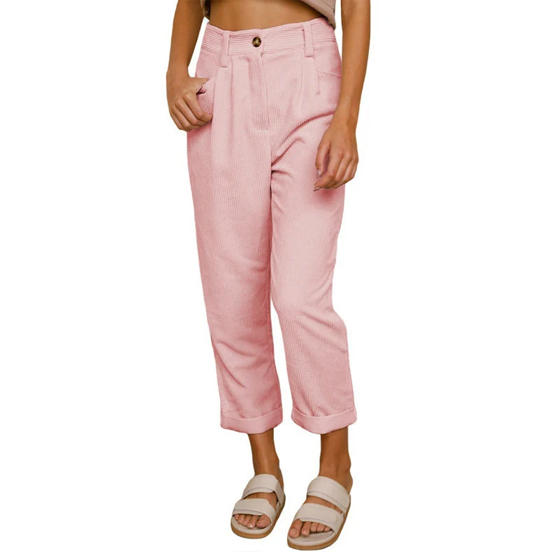 Damen nan weiche weite Cordhose mit hoher Taille, Bundfalten und umgeschlagenem Saum Drune