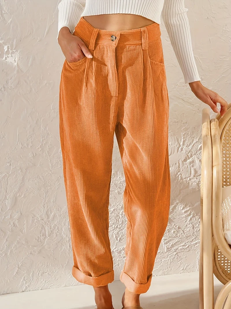 Damen nan weiche weite Cordhose mit hoher Taille, Bundfalten und umgeschlagenem Saum Drune
