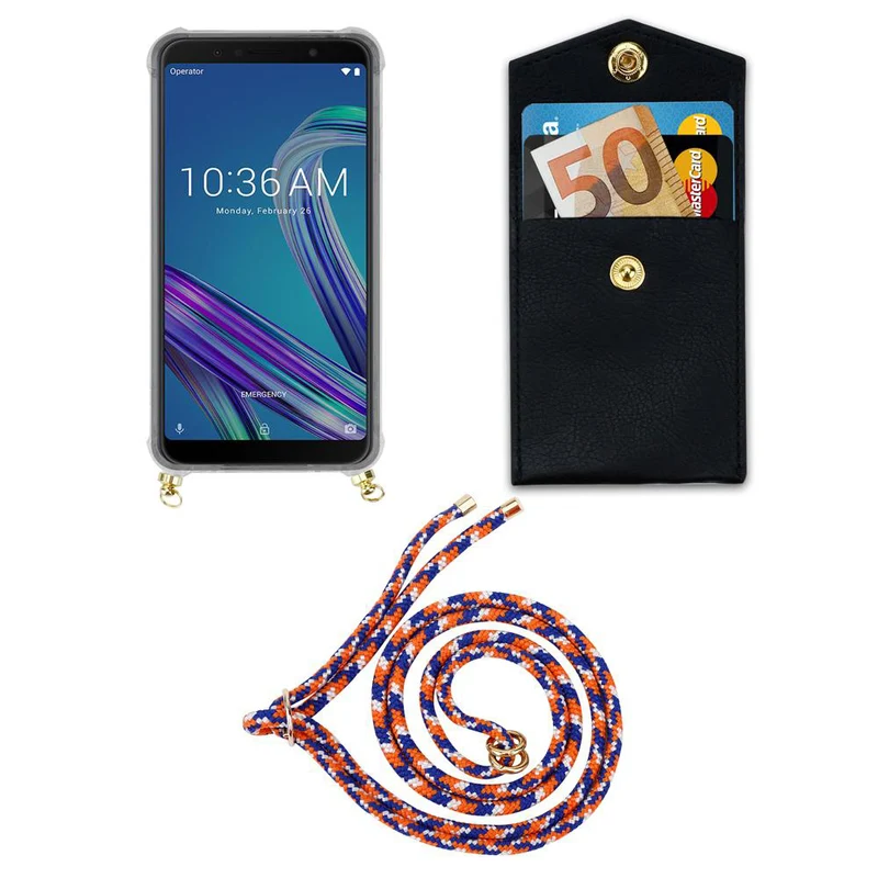 Cadorabo Handy Kette kompatibel mit Asus ZenFone MAX PRO M1 (6 Zoll) Silikon Schutzhülle mit Gold Ringen, Kordel Band und abnehmbarem Etui