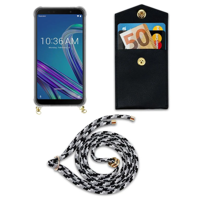 Cadorabo Handy Kette kompatibel mit Asus ZenFone MAX PRO M1 (6 Zoll) Silikon Schutzhülle mit Gold Ringen, Kordel Band und abnehmbarem Etui