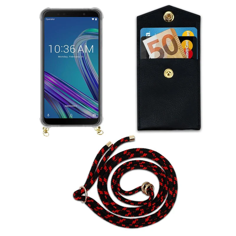 Cadorabo Handy Kette kompatibel mit Asus ZenFone MAX PRO M1 (6 Zoll) Silikon Schutzhülle mit Gold Ringen, Kordel Band und abnehmbarem Etui