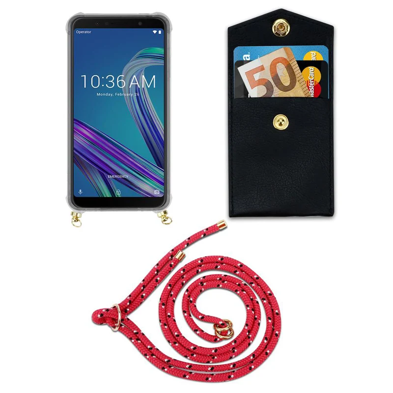 Cadorabo Handy Kette kompatibel mit Asus ZenFone MAX PRO M1 (6 Zoll) Silikon Schutzhülle mit Gold Ringen, Kordel Band und abnehmbarem Etui