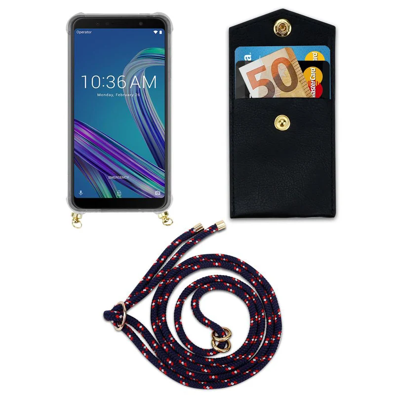 Cadorabo Handy Kette kompatibel mit Asus ZenFone MAX PRO M1 (6 Zoll) Silikon Schutzhülle mit Gold Ringen, Kordel Band und abnehmbarem Etui