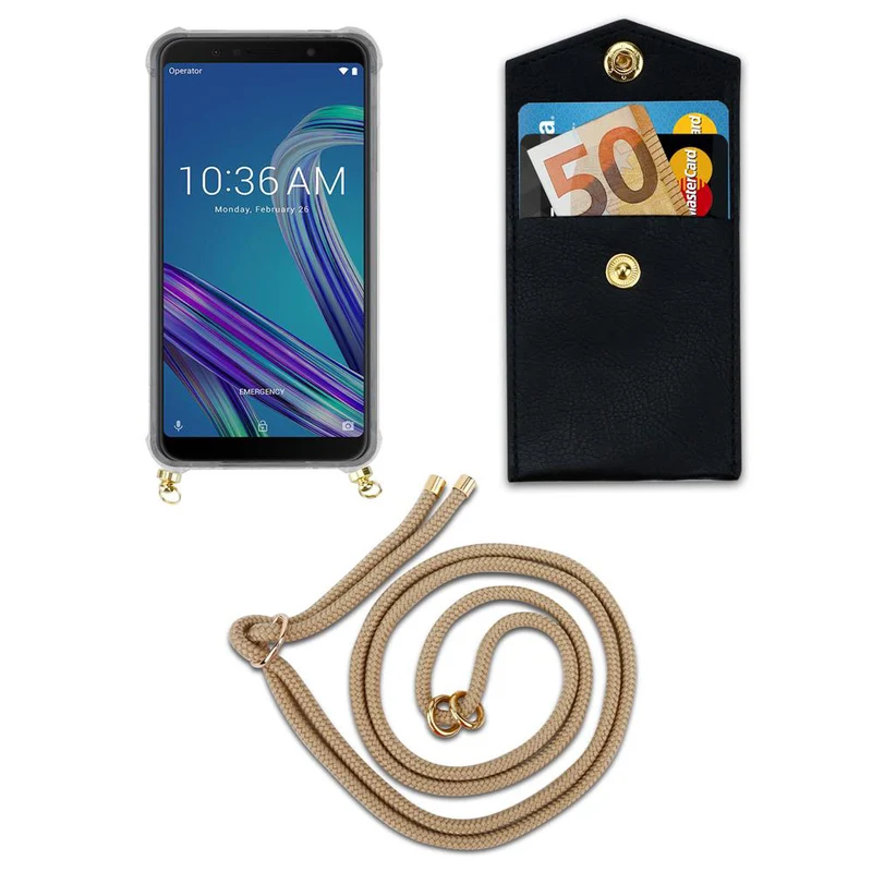Cadorabo Handy Kette kompatibel mit Asus ZenFone MAX PRO M1 (6 Zoll) Silikon Schutzhülle mit Gold Ringen, Kordel Band und abnehmbarem Etui