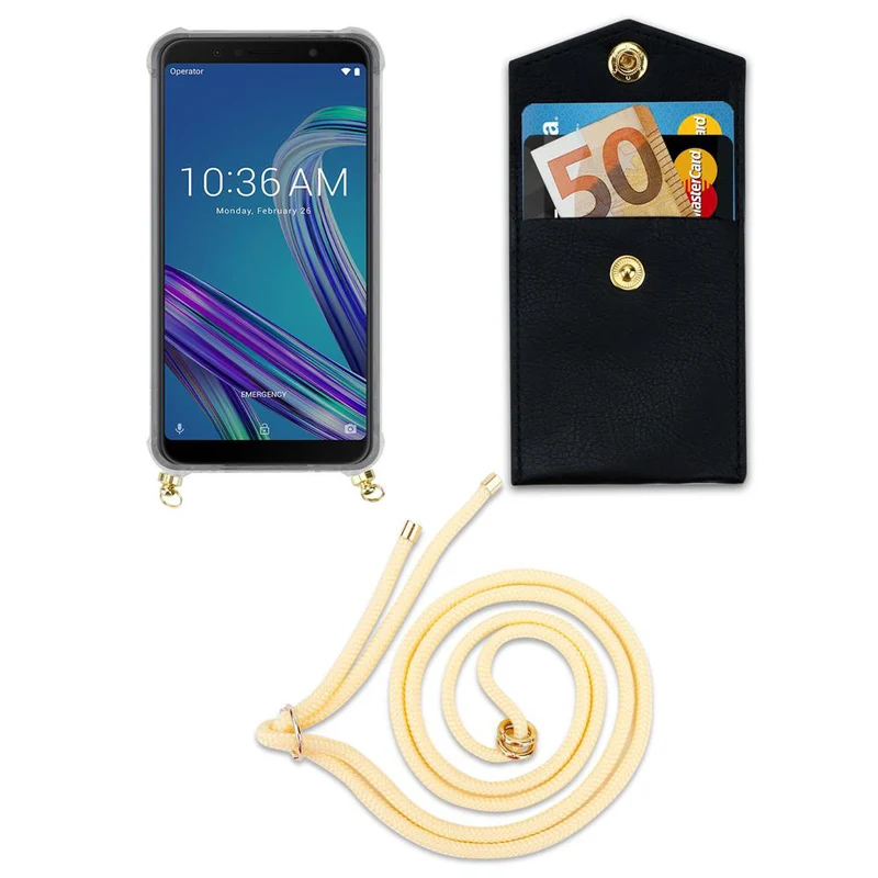 Cadorabo Handy Kette kompatibel mit Asus ZenFone MAX PRO M1 (6 Zoll) Silikon Schutzhülle mit Gold Ringen, Kordel Band und abnehmbarem Etui