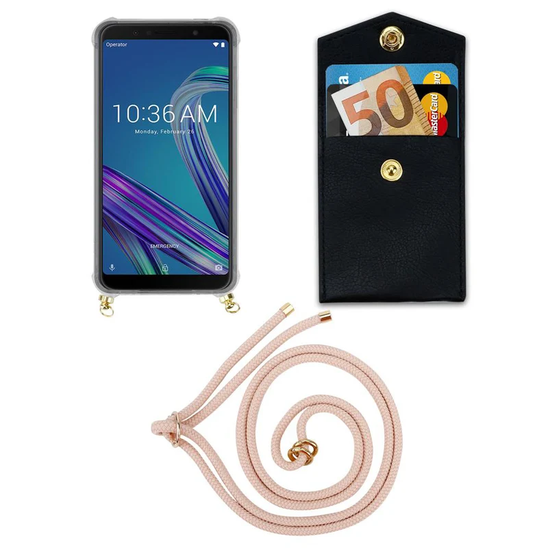 Cadorabo Handy Kette kompatibel mit Asus ZenFone MAX PRO M1 (6 Zoll) Silikon Schutzhülle mit Gold Ringen, Kordel Band und abnehmbarem Etui