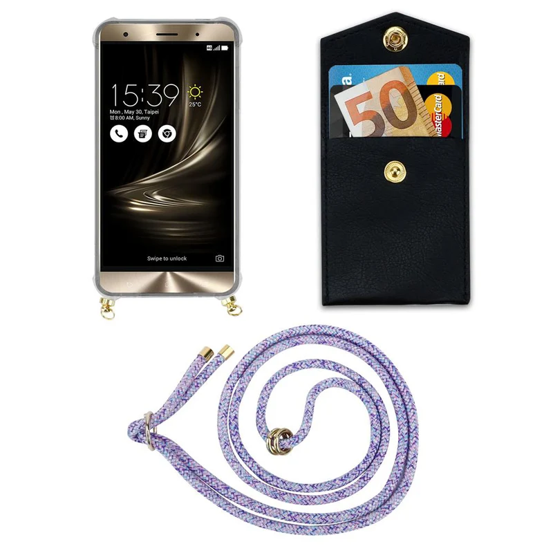 Cadorabo Handy Kette kompatibel mit Asus ZenFone 3 DELUXE Silikon Schutzhülle mit Gold Ringen, Kordel Band und abnehmbarem Etui