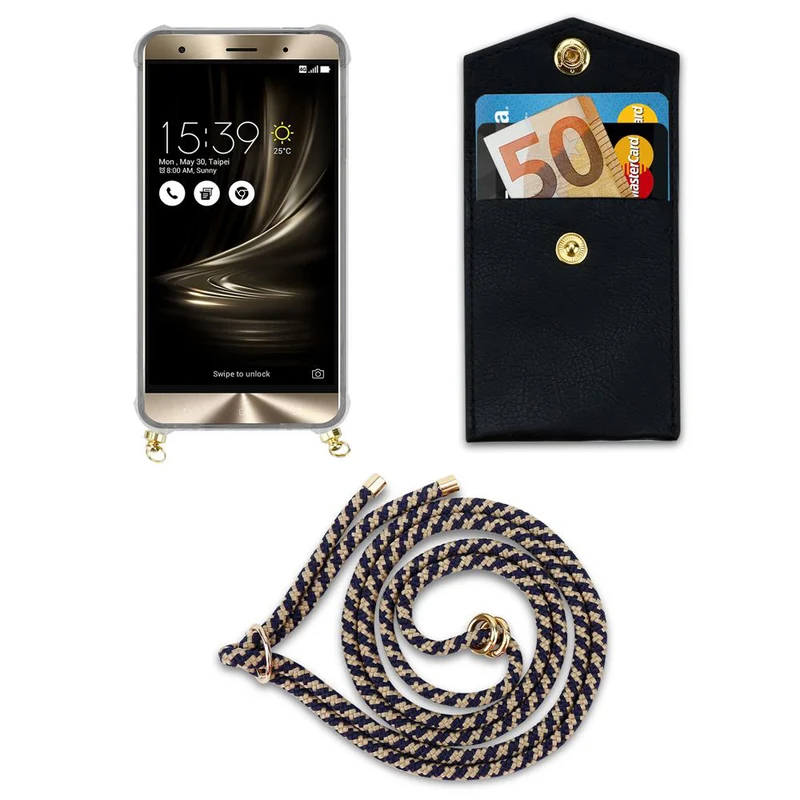 Cadorabo Handy Kette kompatibel mit Asus ZenFone 3 DELUXE Silikon Schutzhülle mit Gold Ringen, Kordel Band und abnehmbarem Etui