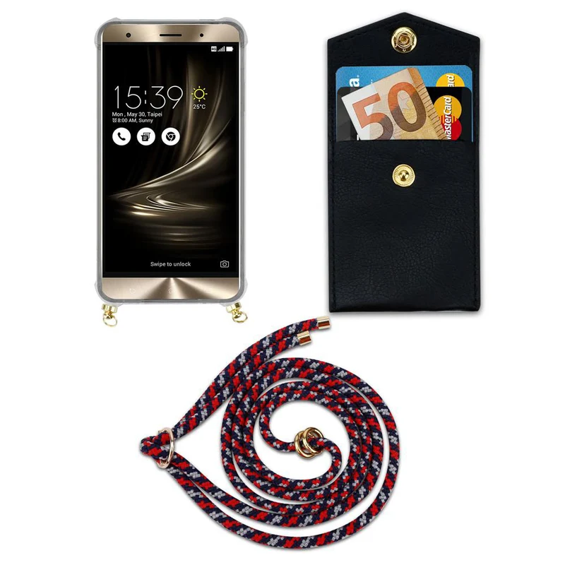Cadorabo Handy Kette kompatibel mit Asus ZenFone 3 DELUXE Silikon Schutzhülle mit Gold Ringen, Kordel Band und abnehmbarem Etui