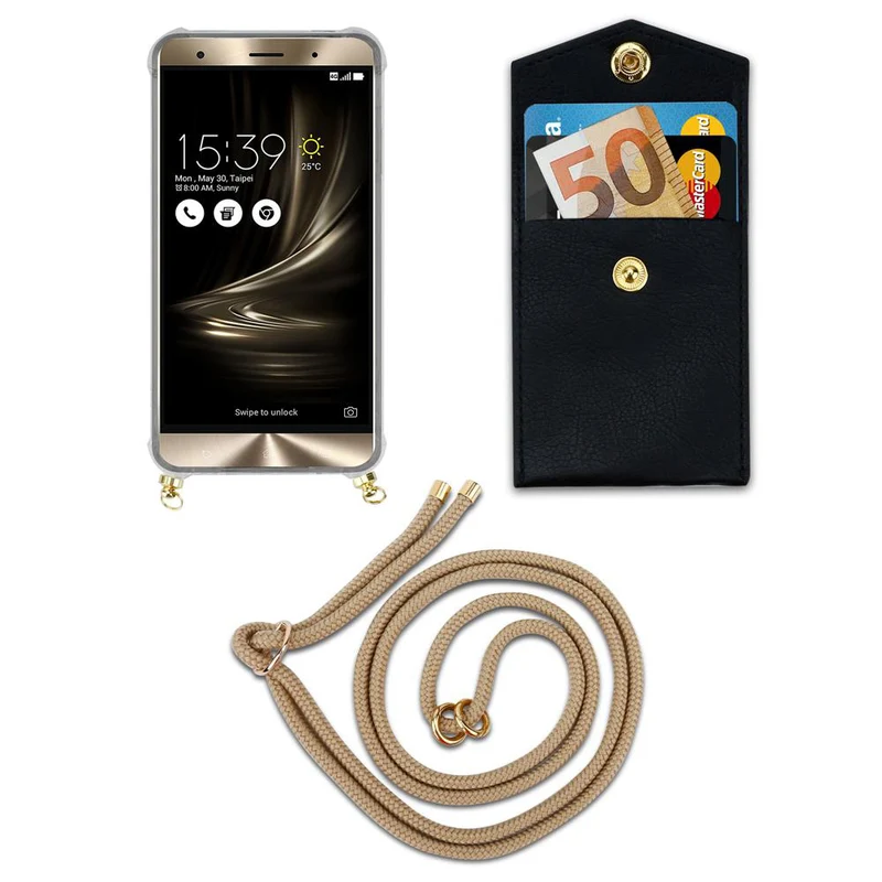 Cadorabo Handy Kette kompatibel mit Asus ZenFone 3 DELUXE Silikon Schutzhülle mit Gold Ringen, Kordel Band und abnehmbarem Etui