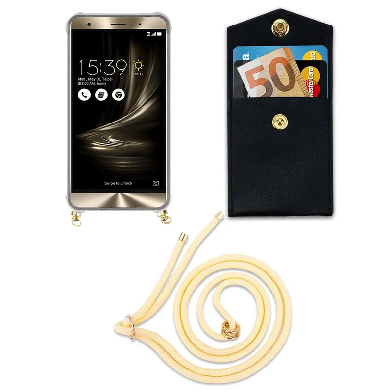 Cadorabo Handy Kette kompatibel mit Asus ZenFone 3 DELUXE Silikon Schutzhülle mit Gold Ringen, Kordel Band und abnehmbarem Etui